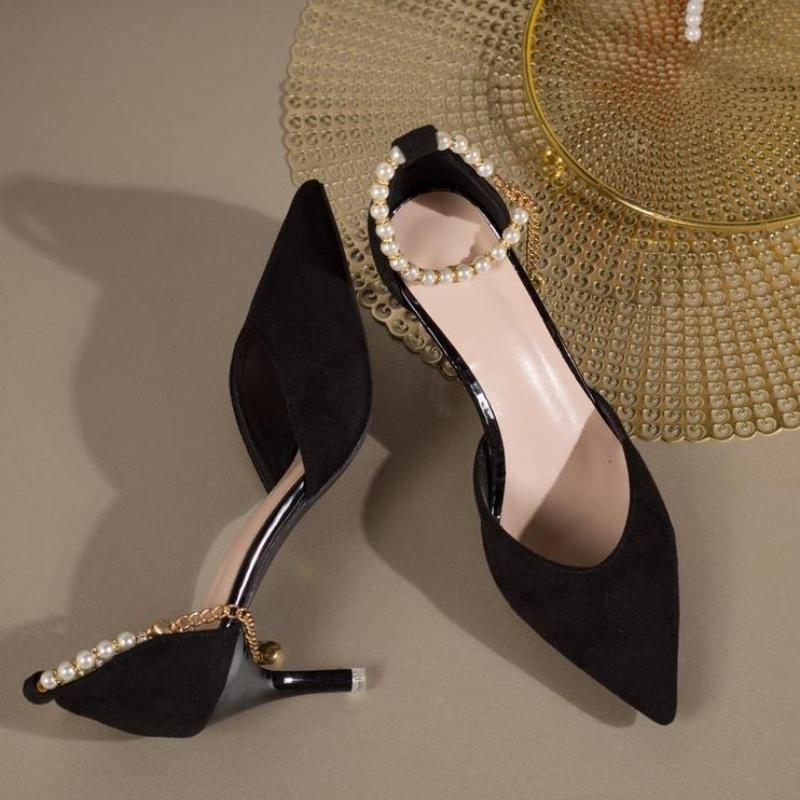 Französische Wildleder Stiletto Mary Jane Schuhe mit Perlenschnalle für Damen 2025 Neu Sommer Elegant Kleid Party Geschlossene Zehen Hohe Absätze Übergröße