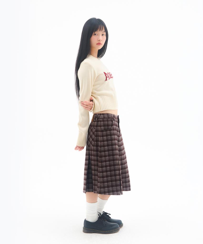 Ames Worldwide Check Pleats Midi Skirt Brown