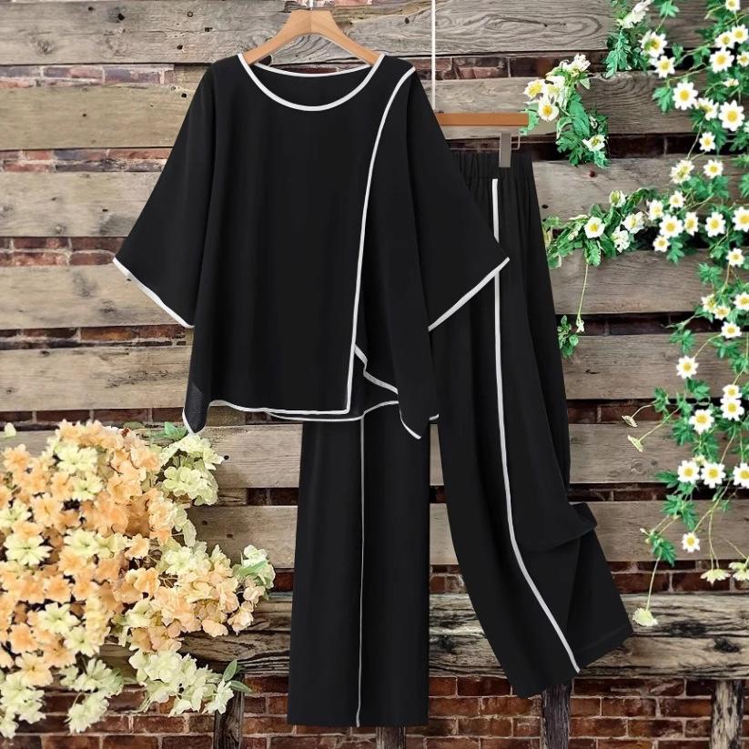 

2025 European & American Color Block Knit Casual Spring/Summer Set - Korean-Style Loose Fit 1XL чёрный