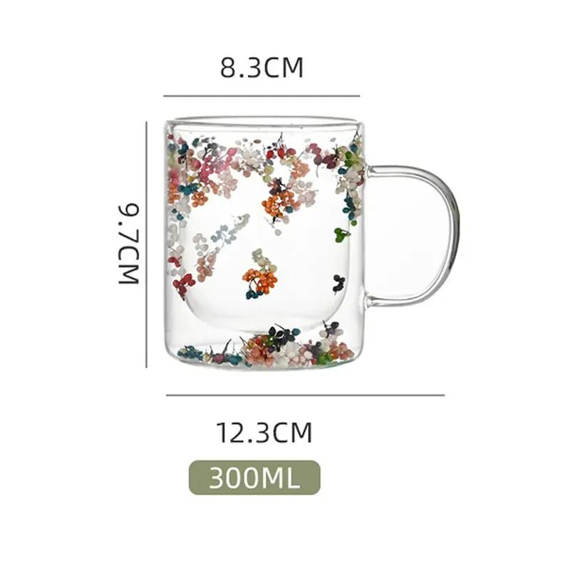 Creative Design 350ml Double Wall Glass Mug Cup With Dry Flower Fillings With Handles Kitchen Accessories WLL2149