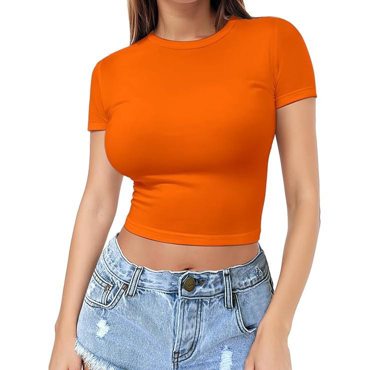 European & American Style Crop Top: Women's Summer Fashion Milk Silk T-Shirt, Short Sleeve, Round Neck.