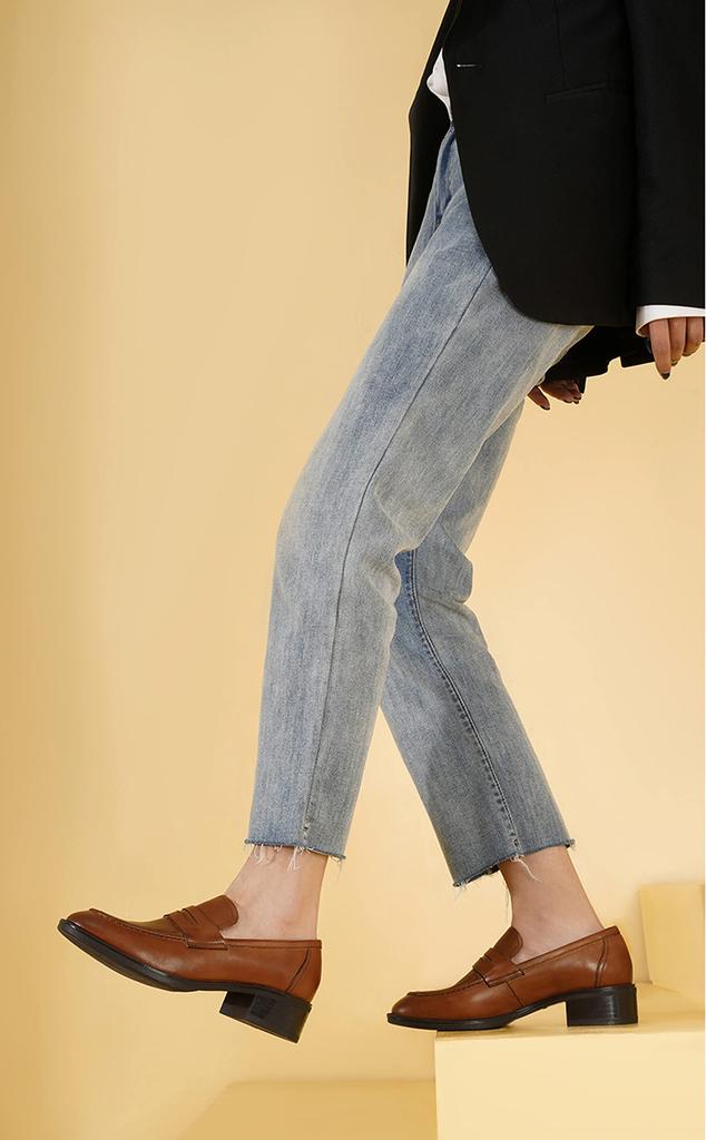 Slipper Echtes Dickes Leicht zu Gehen Für [ZUYEE] Damenpumps, Leder, Absätze, in, Schlicht, Pendeln, Braun, 23.0cm