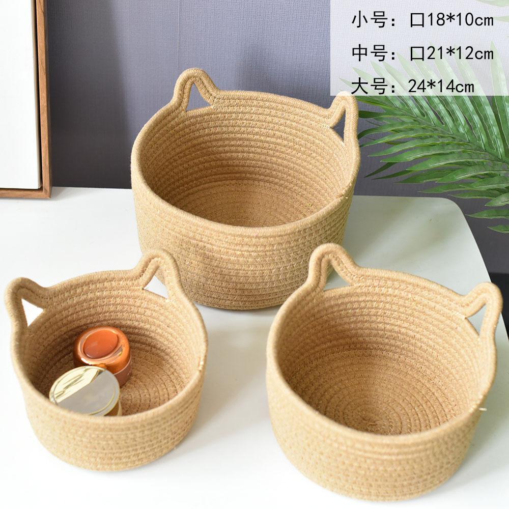 Cat Ear Storage Basket Handwoven Cotton Rope Round Bin Cute Home Organization for Bedroom Natural Style