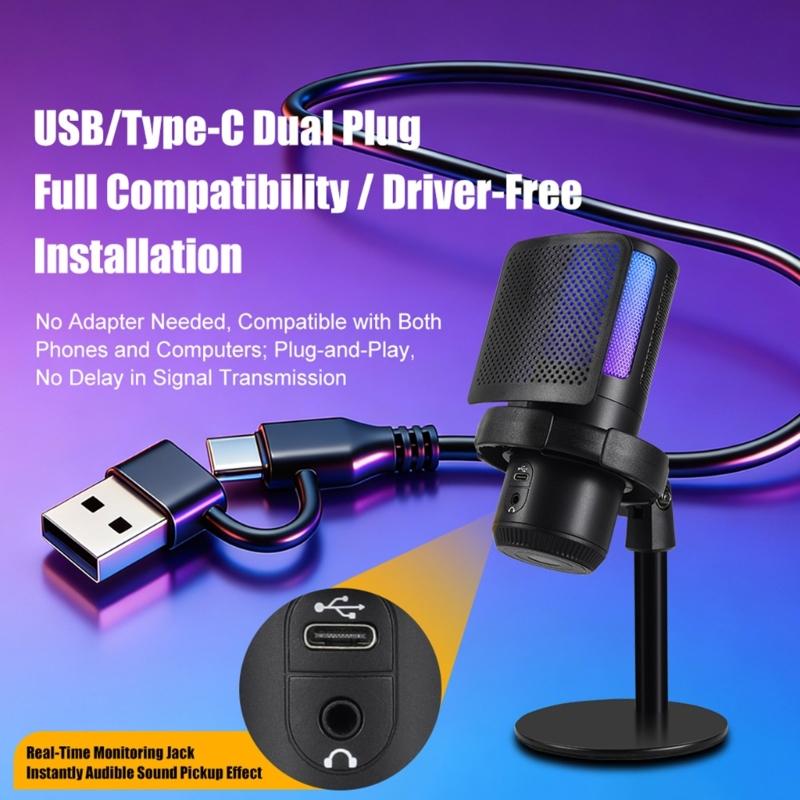 Professional Studio USB Microphone with Noise Reducing Filter for PC Streaming Gaming Video Singing Gaming Recording