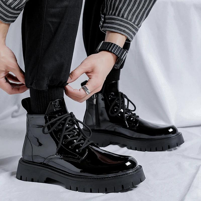 Fashion Men's Black Biker Boots 2024Hot Sale British  Designer Luxury Shoes Men Fashion Casual  Lace-up Boots Thick Sole High Top Shoes
