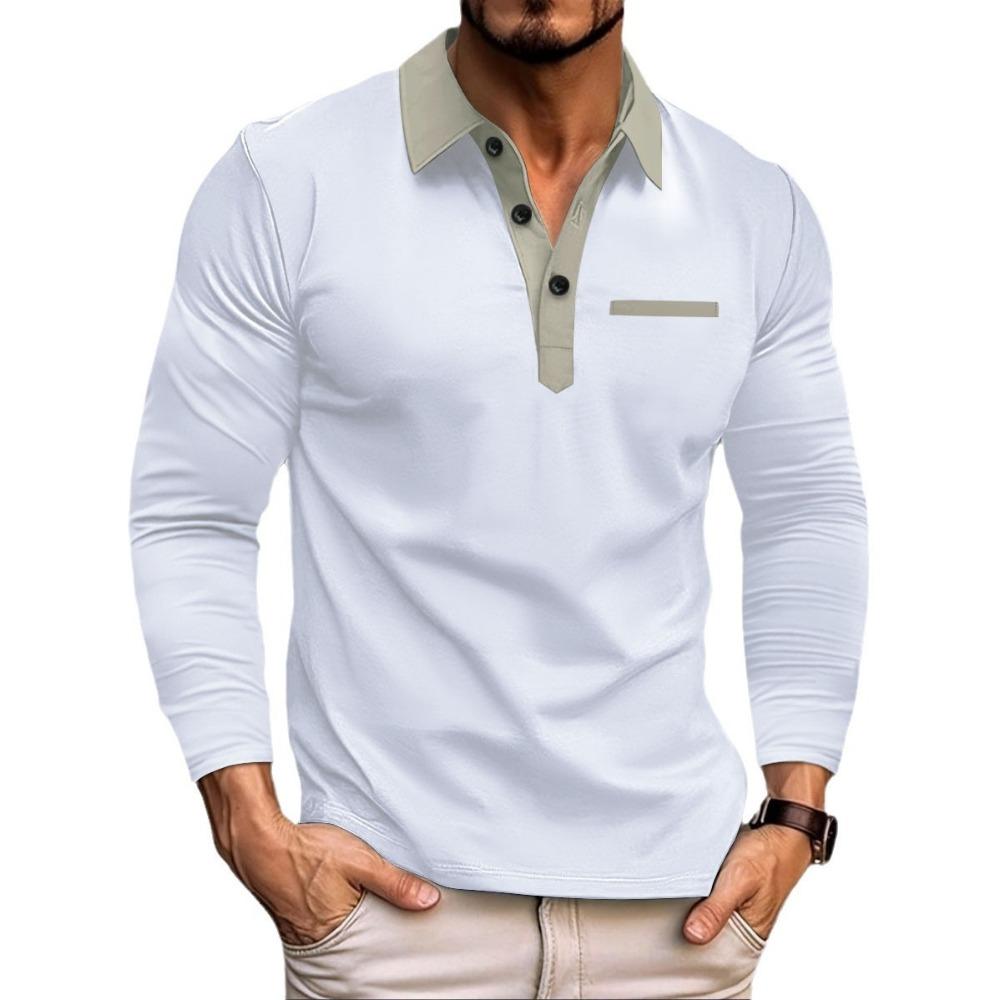 Men's Polo Shirt Button Solid Color Casual Long Sleeved T-shirt