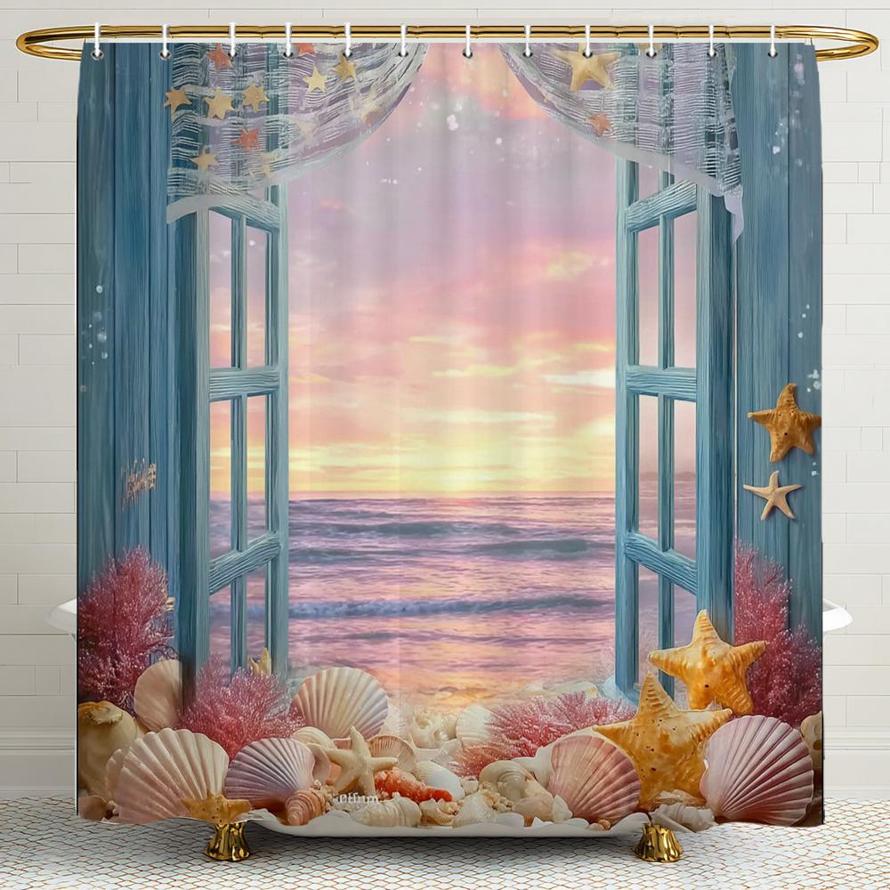 Cortina de Ducha con Paisaje de Conchas y Estrellas de Mar Fuera de la Ventana, Cortina de Ducha para Decoración de Baño, Cortina de Ducha Impresa con Ganchos