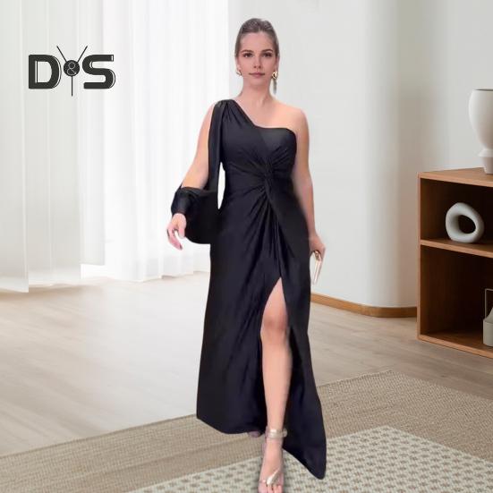 Dámské večerní šaty s jedním ramenem, s jedním otevřeným rukávem, rozděleným lemem, jednobarevný, tenký pas, plisovaný uzel, dekor, jednobarevný, ples, koktejl, párty, maxi šaty