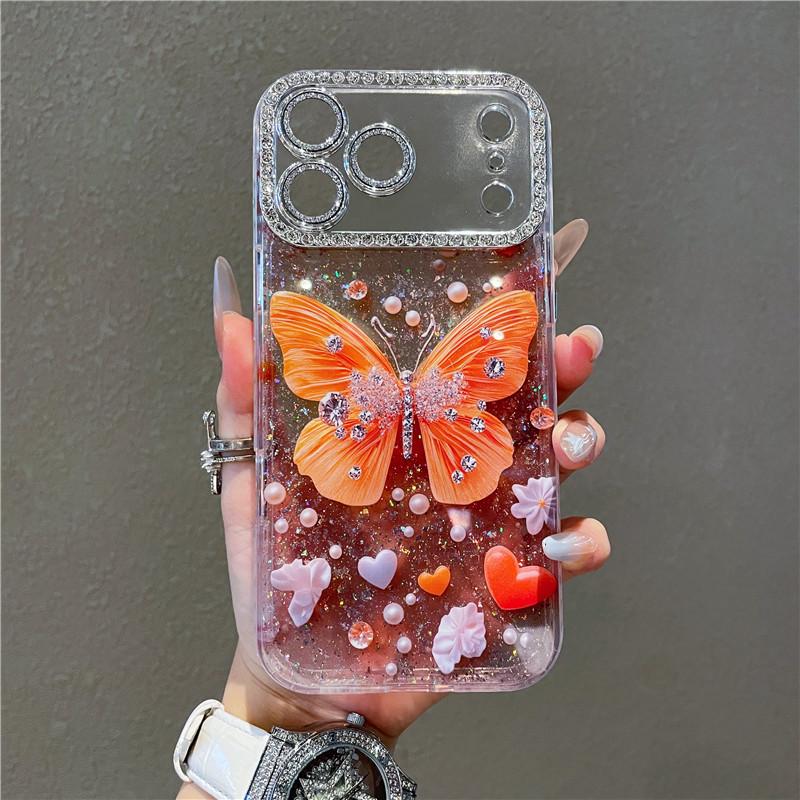 Diamond-Studded Butterfly Lens iPhone 17 Pro Max Drop-Proof Case, Compatible with Apple 14-16 Models.