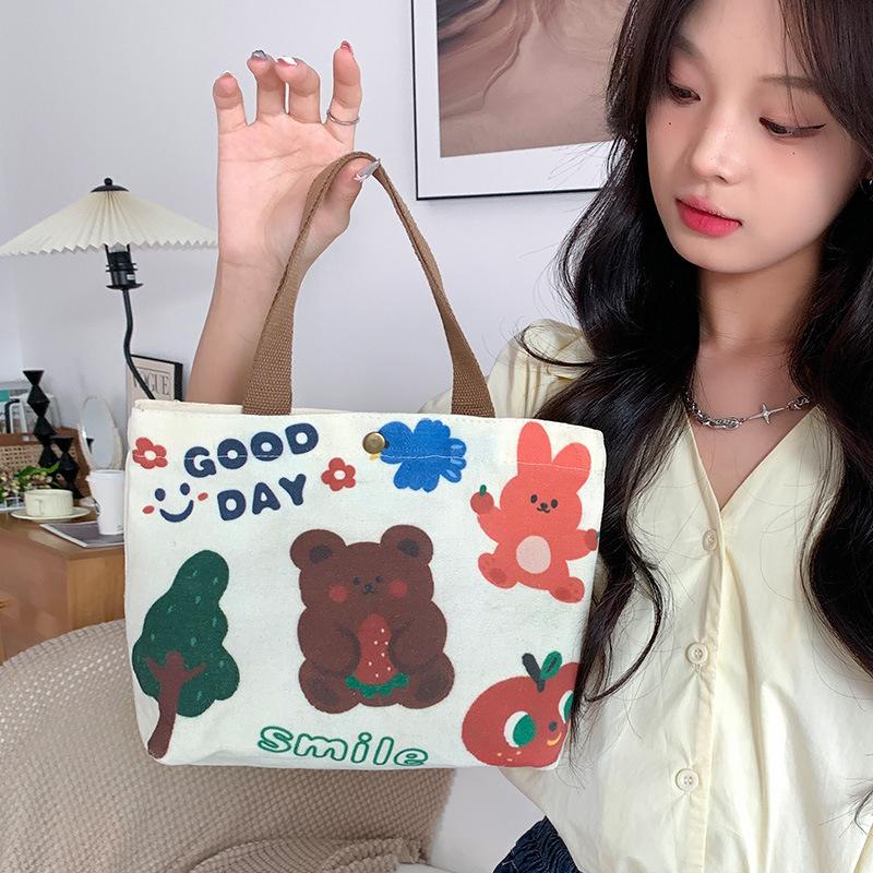 Холщовая сумка-тоут Милая сумка для хранения Большая вместимость Мини-сумочки Портативная сумка для ланча с мультяшным принтом