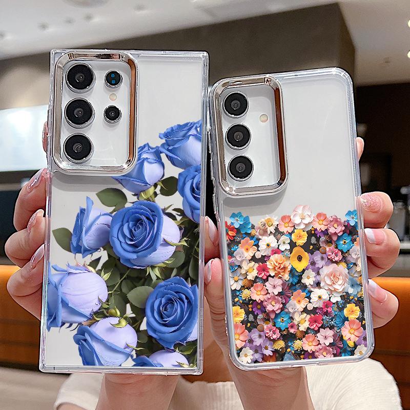 Colorful Flowers Print Case For Samsung S26 S25 Ultra S24 FE S23 Plus S22 S21 A15 A16 A17 A35 A36 A37 A54 A55 A56 A57 5G Plating Lens Soft Cover