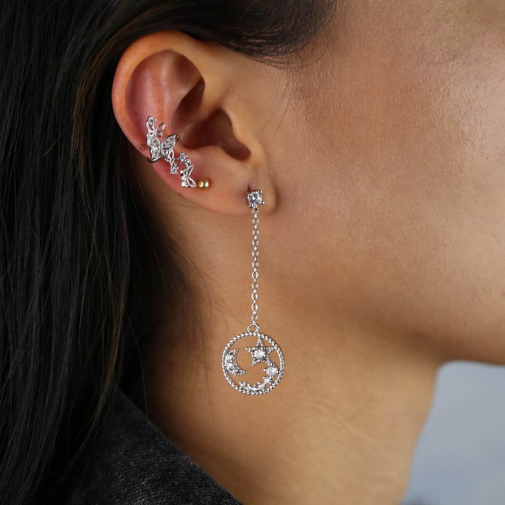 Promotion Geometric Round Circle Engrave Cz Moon Star Long Tassel Chain Dangle Earring for Women Fashion Jewelry