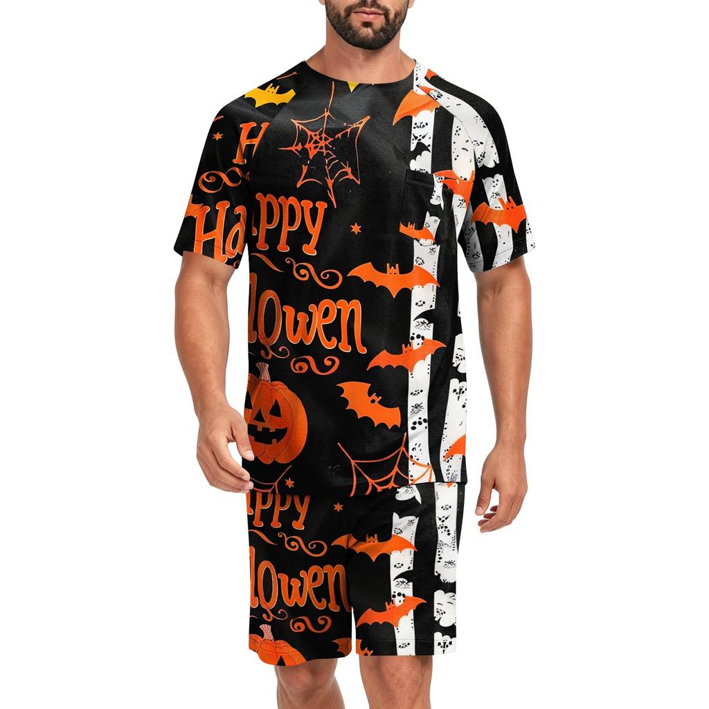 Men's Halloween Casual Pajama Set Short Sleeve Top and Shorts Comfortable Lightweight Sleepwear Set with Pumpkin and Bat Print for Home Use