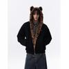 Unisex Oversized Bavlněná Puffer Bunda s Kapucí a Panel s Leopardím Vzorem Měkký Syntetický Semiš Zimní Teplá Volný Střih Streetwear Kabát