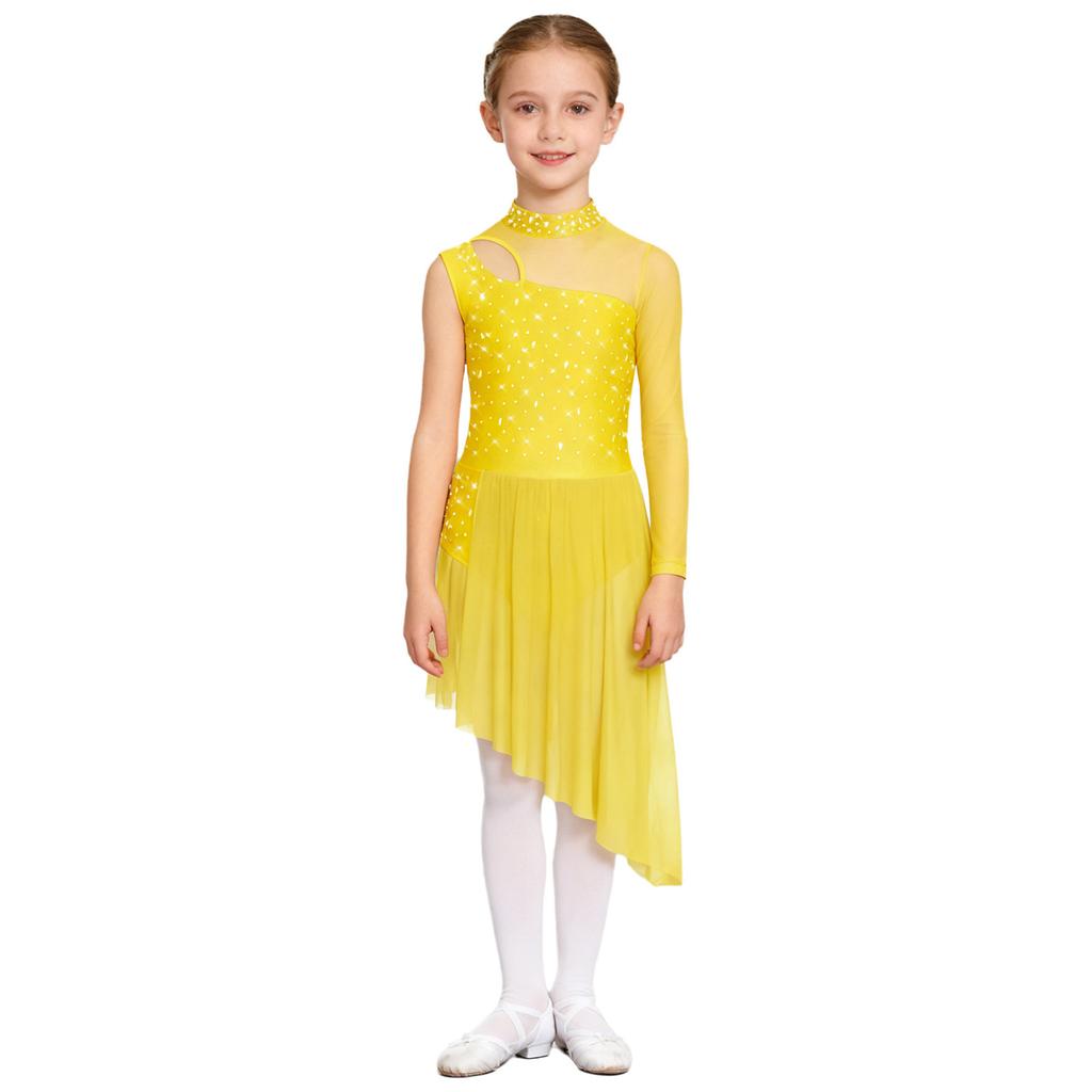 Complete Competition Lyrical Costume for Girls: Features Asymmetrical Design, Mock Neck, Mesh & Rhinestone Details