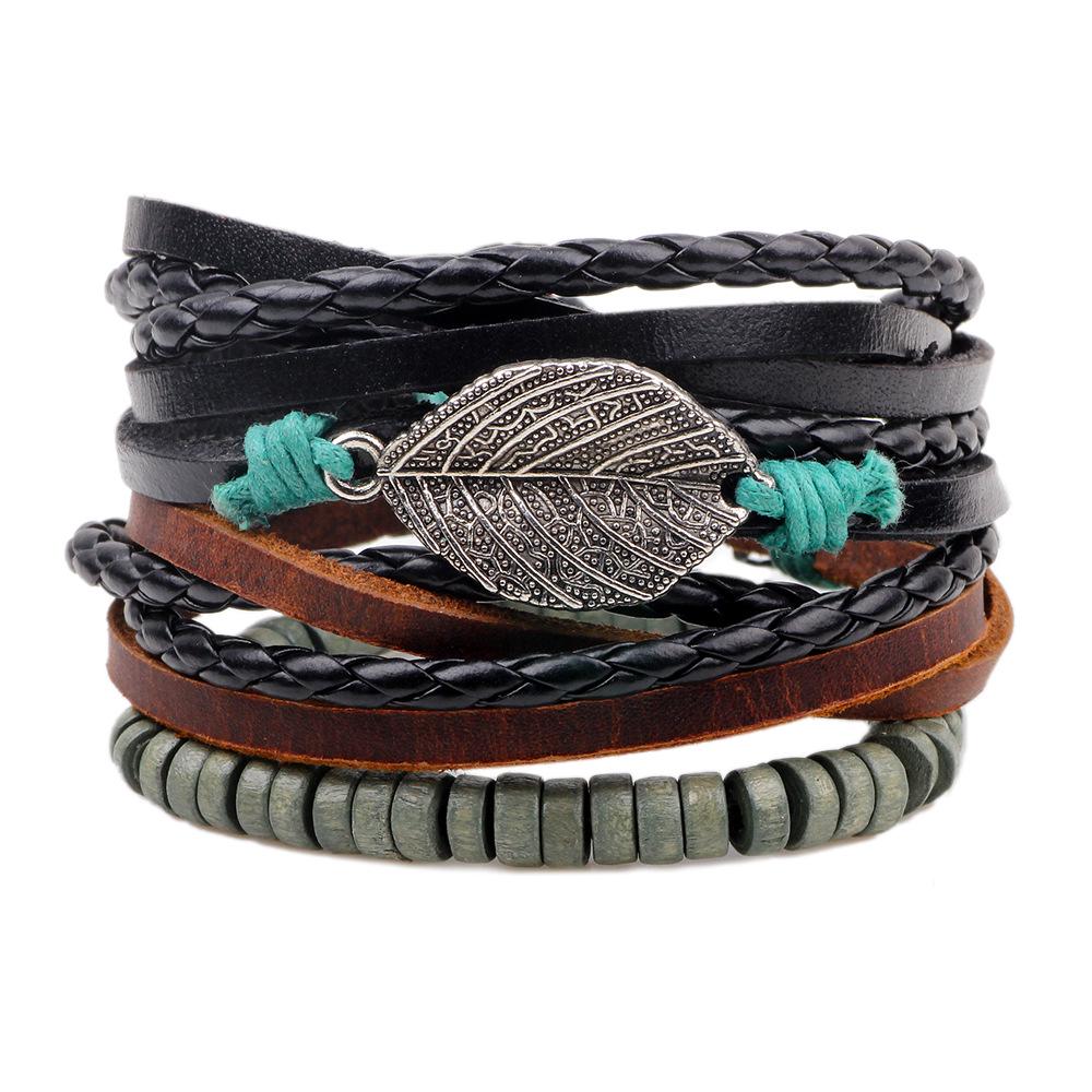 

Exquisite Handmade Multi-Strand Woven Bracelet with Alloy Leaf and Beads