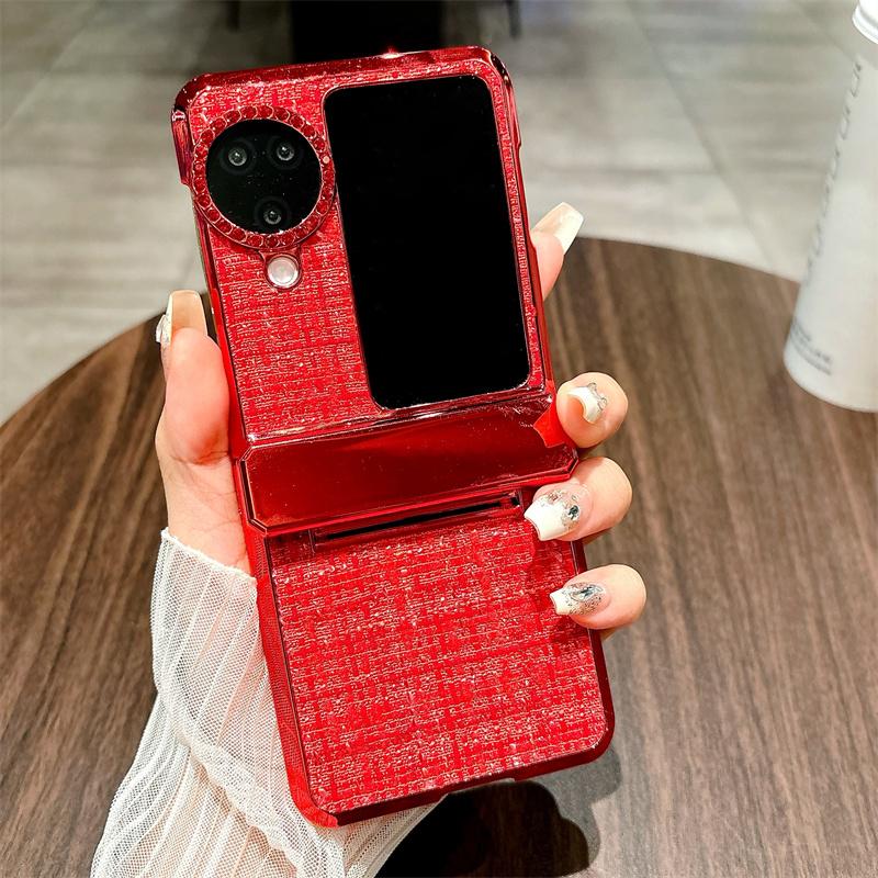 For Oppo Find N3 Flip 5G Case Plaid Texture Rhinestone Decor Hinge Protection PC Phone Cover