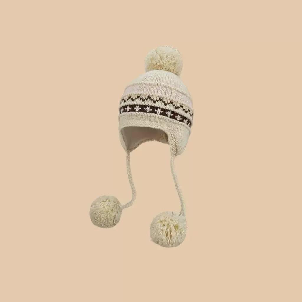 Winter big head circumference fleece warm wool hat cold protection ear cover hat, Fair Island wind hairball knitted hat