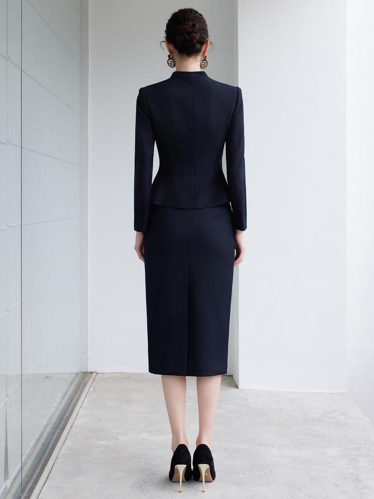 2025 High-End Women's Navy Blue V-Neck Suit Skirt Set - Formal, Slim-Fit, Professional Wear