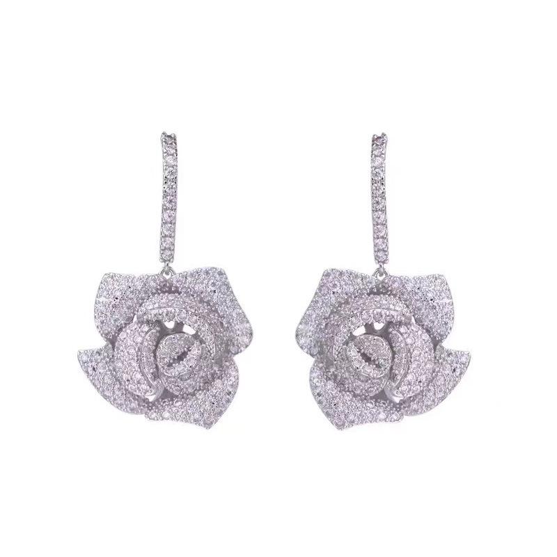 European & American Fashion Zircon Camellia Rose Earrings for Evening Dress