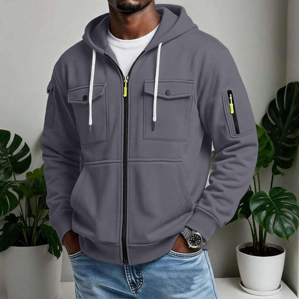 Men's Casual Multi-Pocket Zip Hoodie, Outdoor Cargo Jacket for Sports and Daily Wear