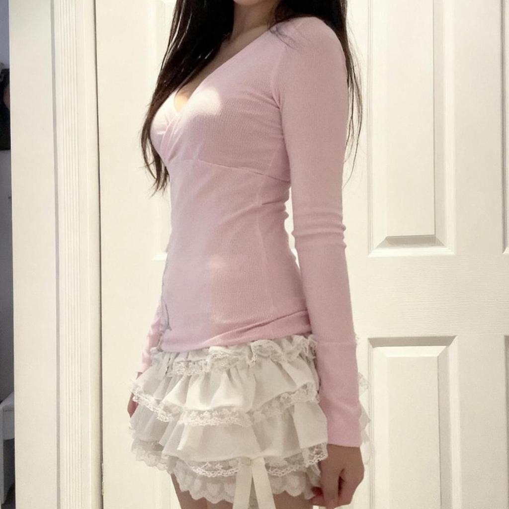 Retro scharfes florales Print V-Ausschnitt Langarm figurbetontes T-Shirt für Damen