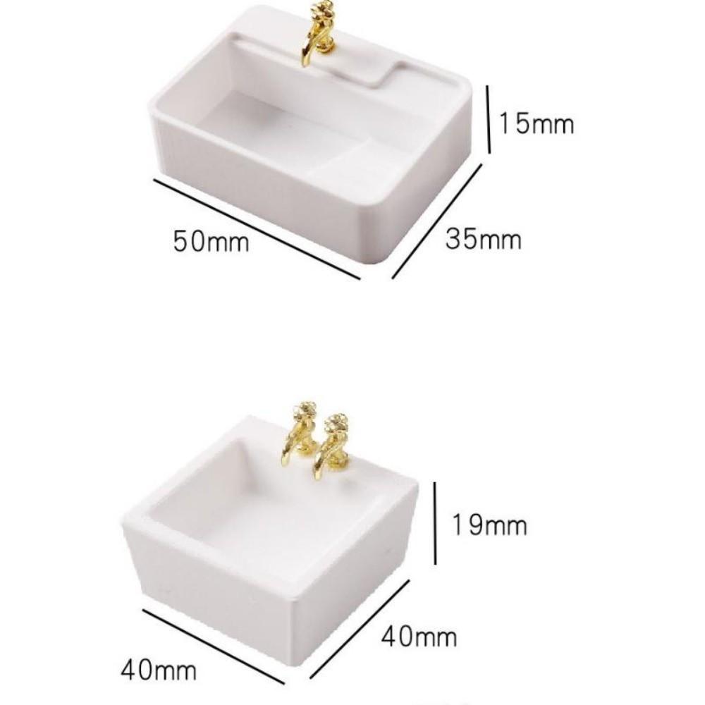 White Dollhouse Bathroom Sinks Golden Tap Miniature Dollhouse Sink Dollhouse Accessories