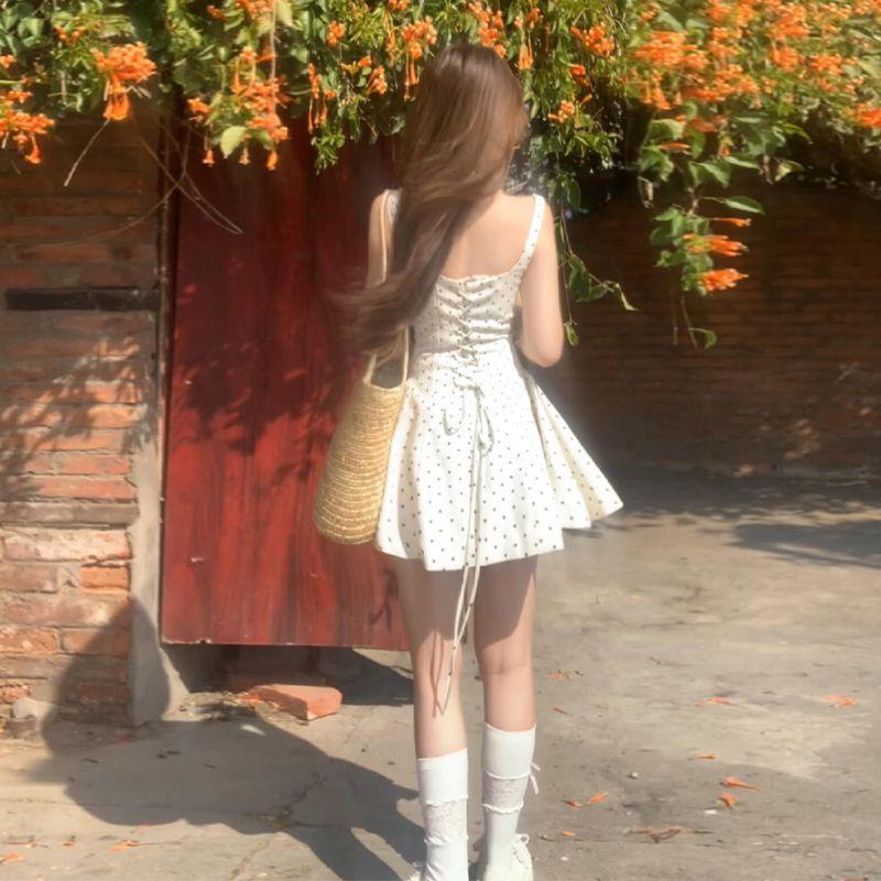 French Retro Apricot Polka Dot Spaghetti Strap Dress for Women - A-line, Waist-cinching Flared Short Skirt (2026 Style).
