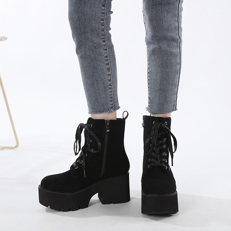 2023 Winter Women European Style Ankle Boots, Front Lace‑Up Embroidery Decor Side Zipper Platform Thick‑Sole Fashion Ladies Boots