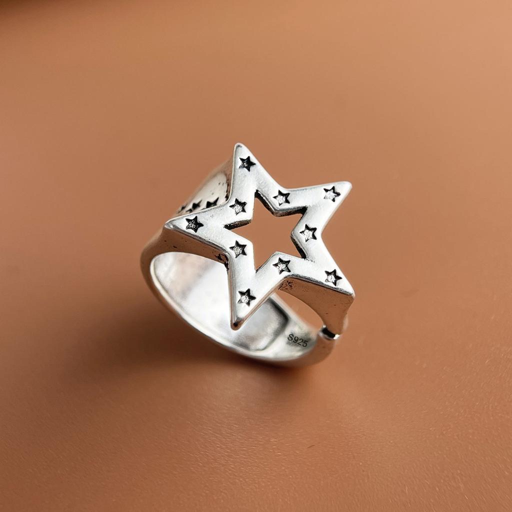 925 Silver Rings for Women Couple Minimalist Handmade Simple Retro Big Star Ring Fine Jewelry Gift Prevent Allergy