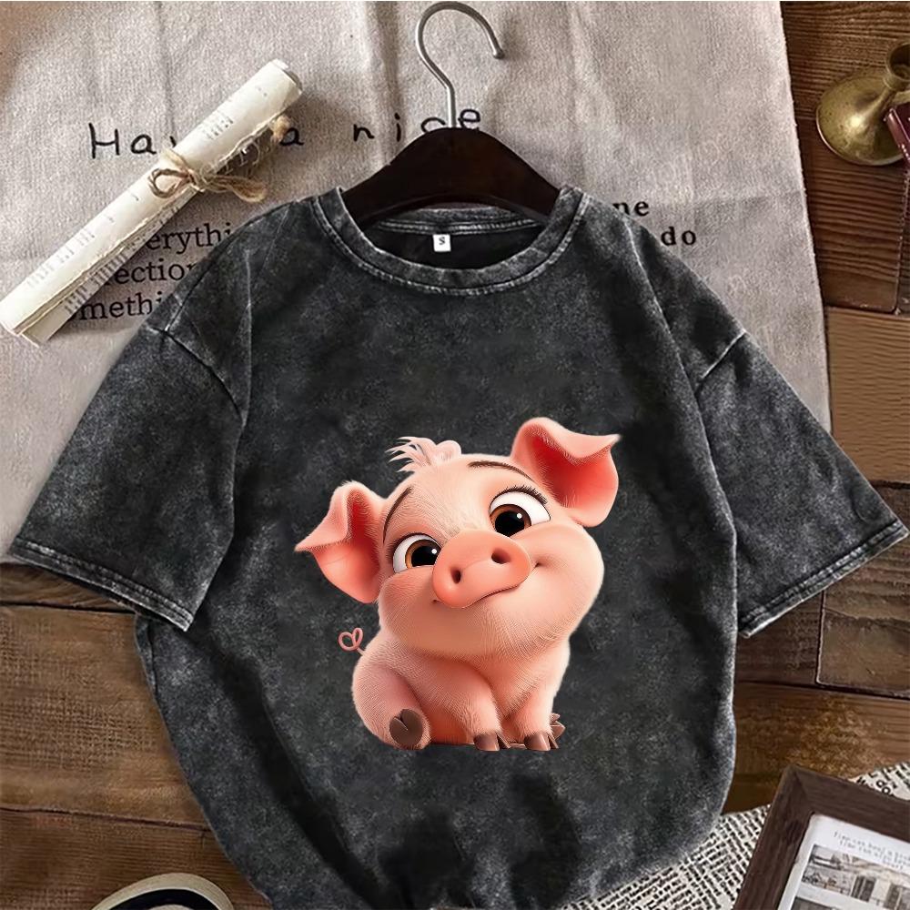 Vintage Washed Black Oversized T-Shirt Cute Cartoon Pig Print Streetwear Cotton Short Sleeve Crewneck Tee