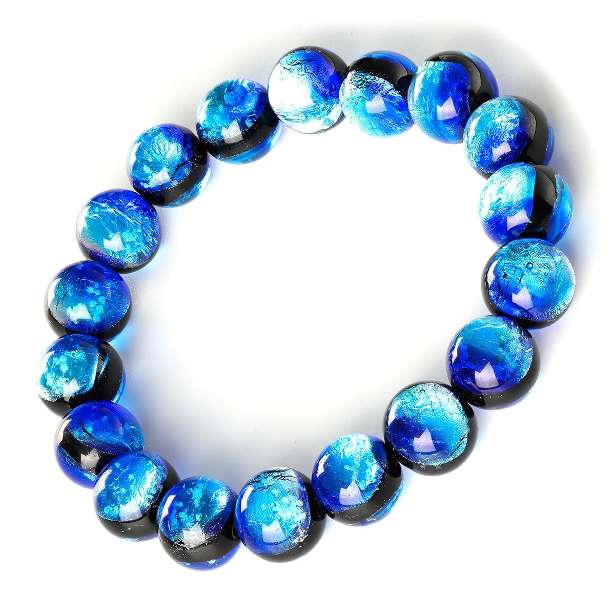 

[Sea drop] Glow-in-the-dark Firefly Glass 12mm Bead Bracelet, Yonaguni Blue, Luminous Blue, Lampwork Beads [272bt-12-16]