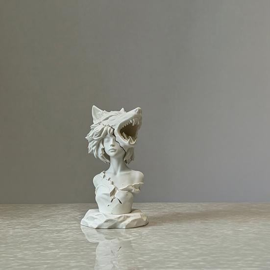 3D Printed Dark Wolf Girl Bust Sculpture, Wolf Head Design Compact Desktop Ornament for Study Esports Room Unique Gift Decor
