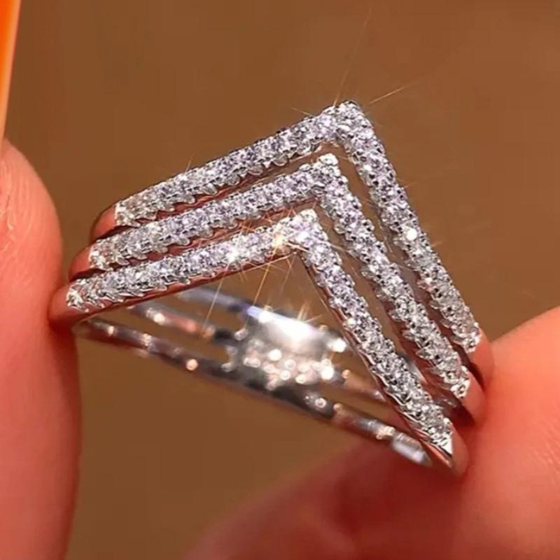 Sparkling Exquisite CopperColor Geometric Inlay Synthetic Zirconia Three-layer Ring for Women's Banquets Parties Jewelry Gifts