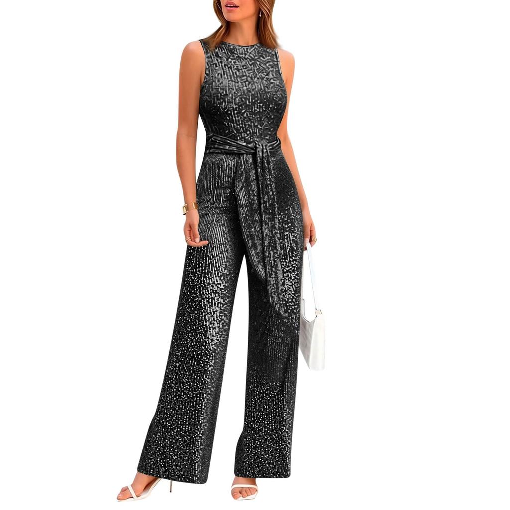 Tuta intera casual da donna senza maniche con paillettes e gamba larga