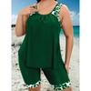 Plus Size Modest Tankini Set, Women's Plus Graphic Print Round Neck Tank Top & Shorts Swimsuit 2 Piece Set