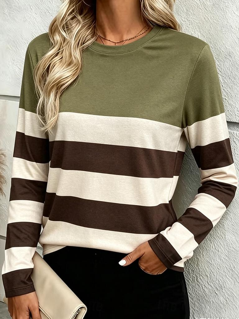 Women's T Shirt Print Graphic Striped Fashion Classic Casual Long Sleeve Crew Neck Regular Tops Casual Daily Weekend Spring Fall