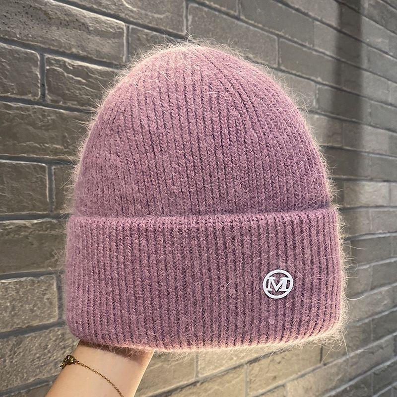 Knit Beanie Hat Rabbit Hair Blend Metal Letter M Label Warm Ear Protection Winter Autumn Trendy Skullcap Women
