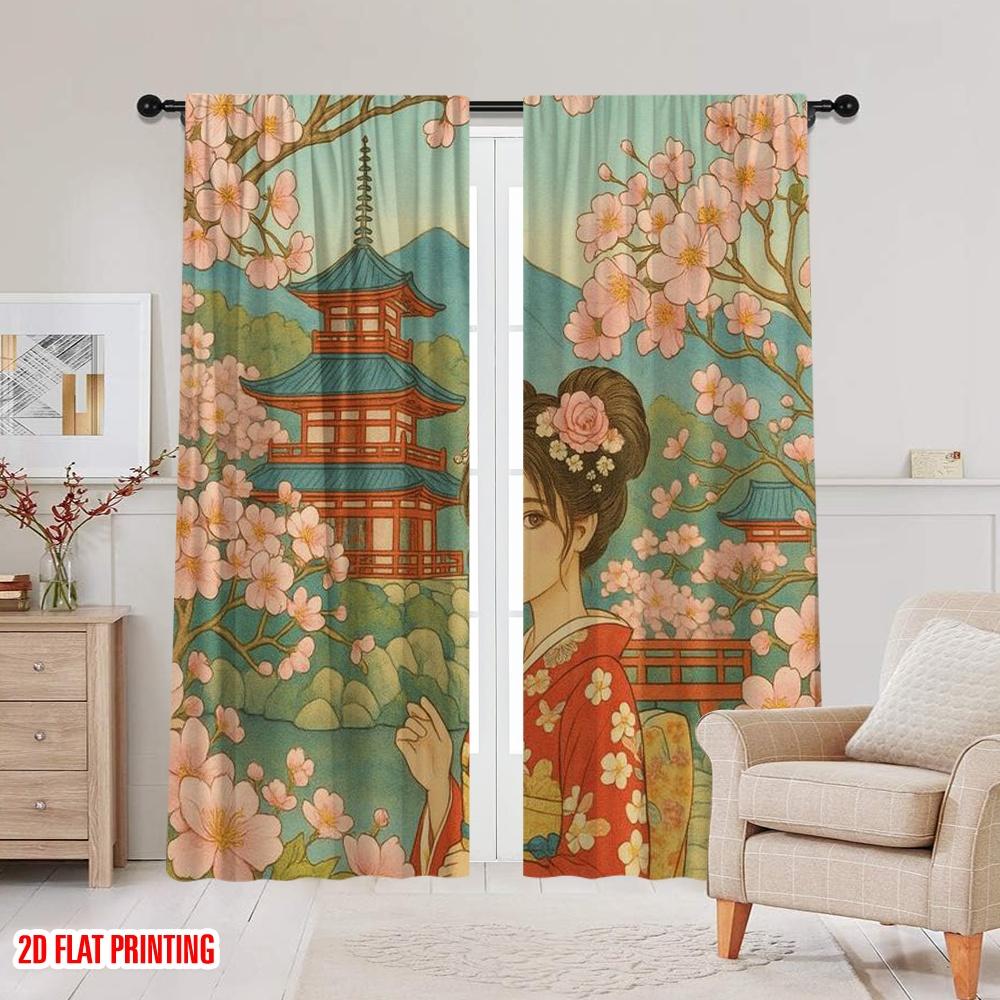 2pcs,2D plane printing Curtain Fabric Cherry Blossom Serenity Versatile Polyester Fabric (without rod) Gifts Use for Living