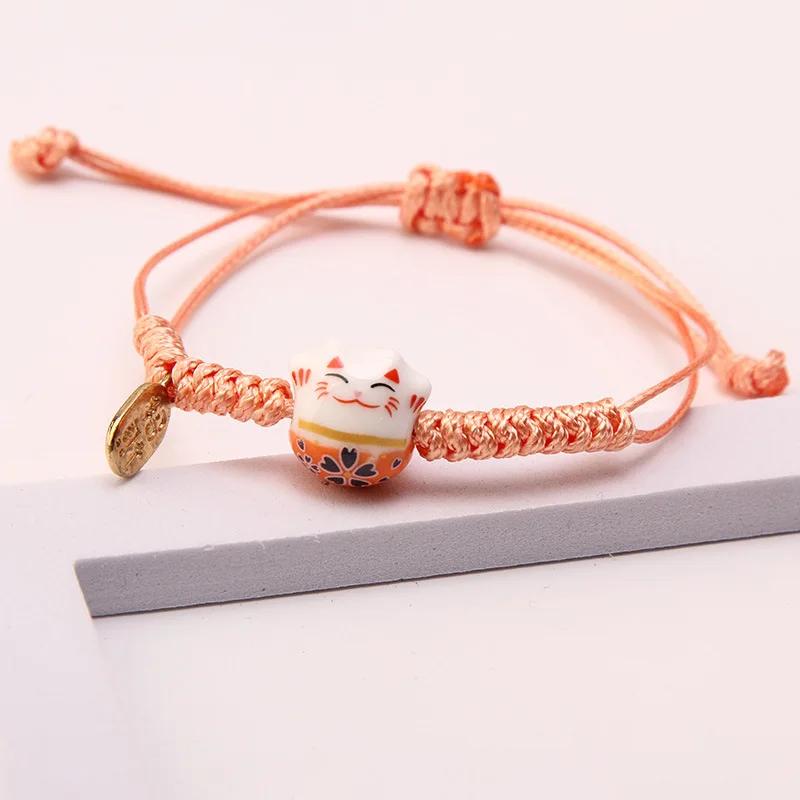 Simple Ceramic Lucky Cat Braided Bracelet for Women Men Multicolor Cute Animal Hand-Knitted Adjustable Bracelet Harajuku Jewelry