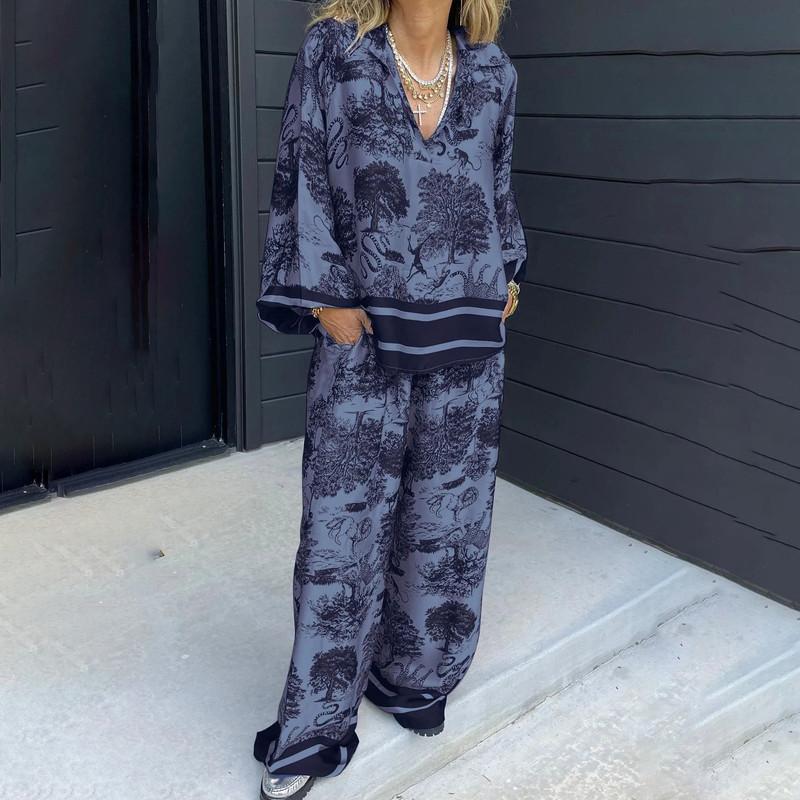 Damlångbyxor för kvinnor Fashionista V-ringad Tryckt Långärmad Ficka Casual Dam Casual Kostym