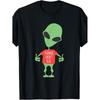 Funny Alien "Humans Aren't Real" UFO T-Shirt - Humorous Sci-Fi Graphic Tee with Green Alien & Red Text, Crew Neck Short Sleeve, Slight Stretch