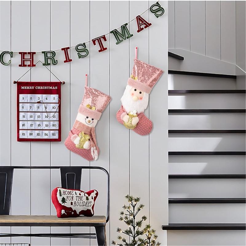 Pink Sequins Christmas Stocking Elegant Pink Glittering Christmas Stocking Durable Plush Fabric Home Decoration