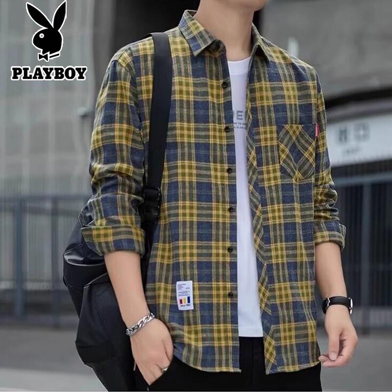 PLAYBOY Men's Plaid Long-Sleeve Casual Shirt
