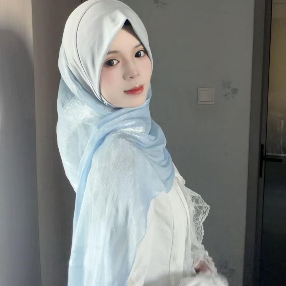 Crinkled Texture Pull On Head Wrap Pull On Instant Headscarf Gift Idea Women Hijab Scarf Women синий