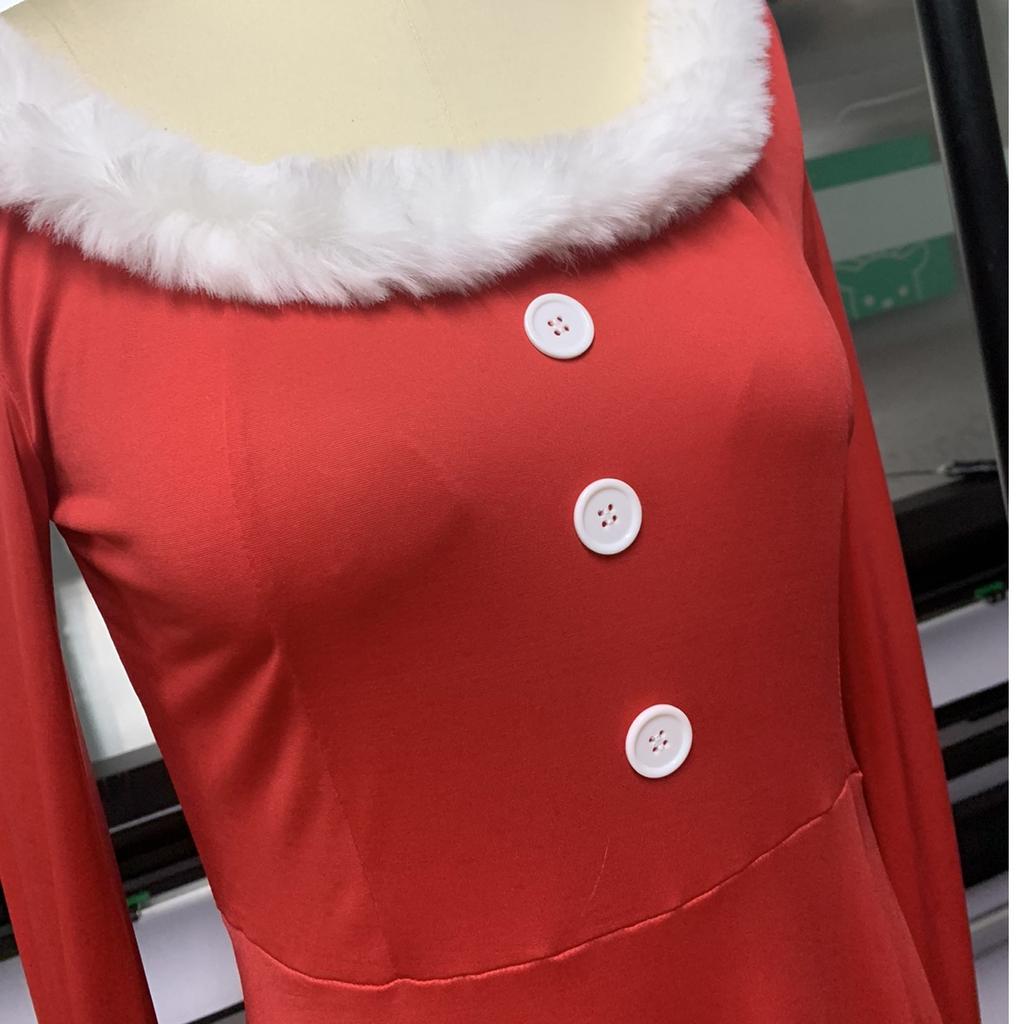 Women's Christmas Costume Red Button-up Long-sleeved Knitted Plush Princess Dress