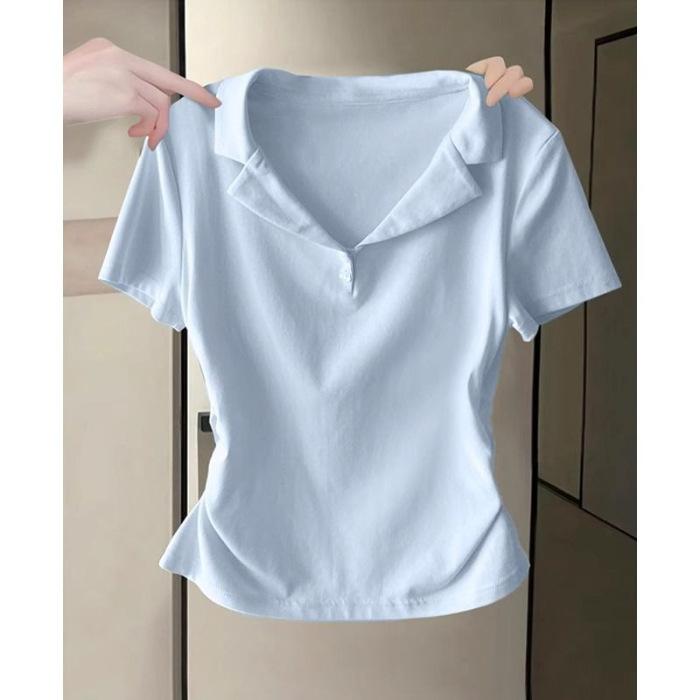 Women's Summer Niche Waisted Positive Shoulder Slim Thin Lapel Revealing Short-sleeved T-shirt