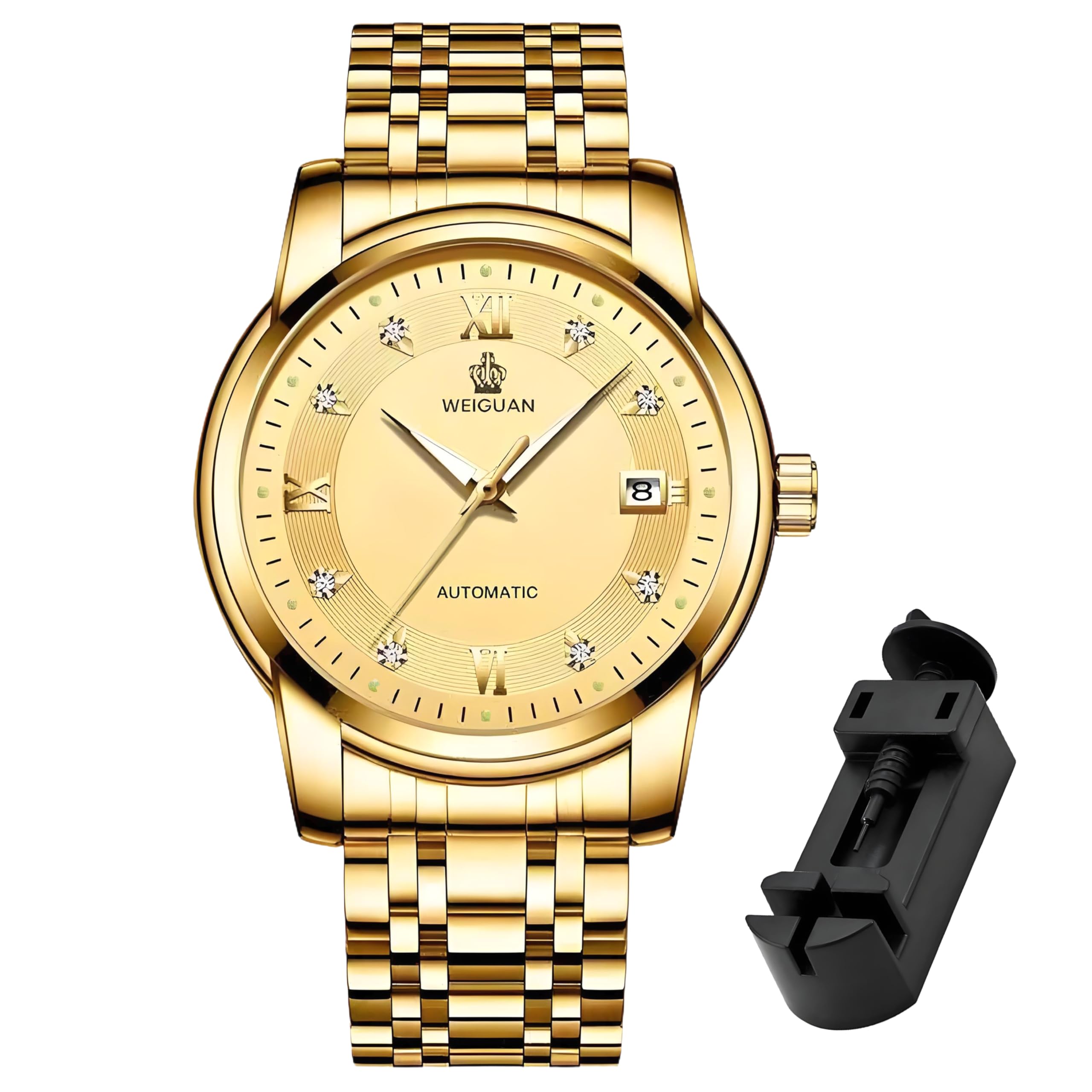 

Мужские автоматические механические часы TeamSky, Водонепроницаемые, Нержавеющая сталь, Люминесцентные, Большой циферблат, Отображение даты, Подарок на День отца (Золотой циферблат, Золотой браслет)