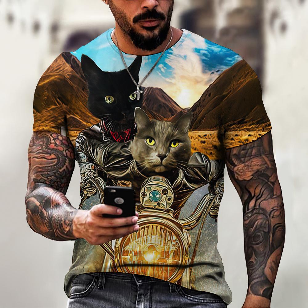 Handsome Motorcycle Cat 3D Print Summer Men's Round Neck T-shirt Casual Short Sleeve Oversized Pullover Fashion Trend Men Clothing