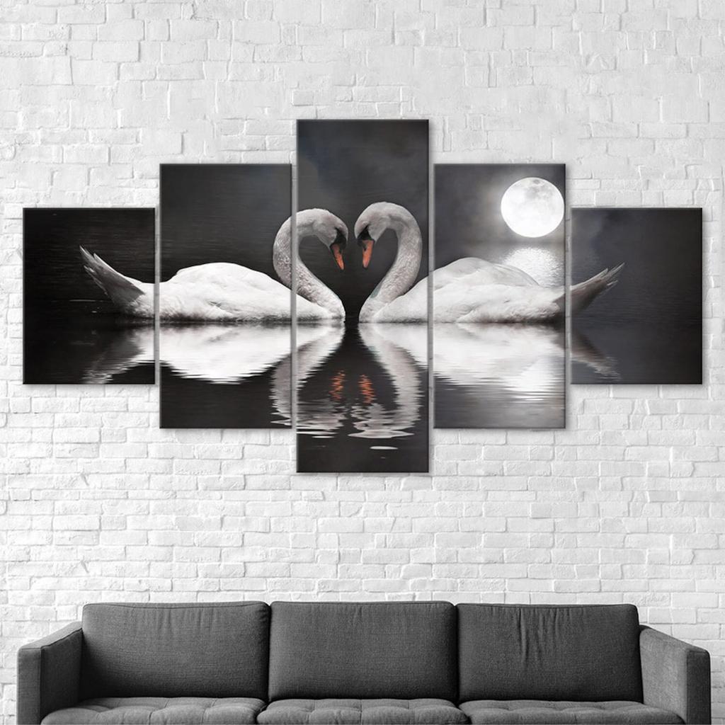 Liebespaar Schwäne Vollmond Landschaft 5-teilige Leinwand Wandkunst Mehrteiliger Druck Modernes Poster Heimdeko Bild Geschenk Für Ihn Für Sie
